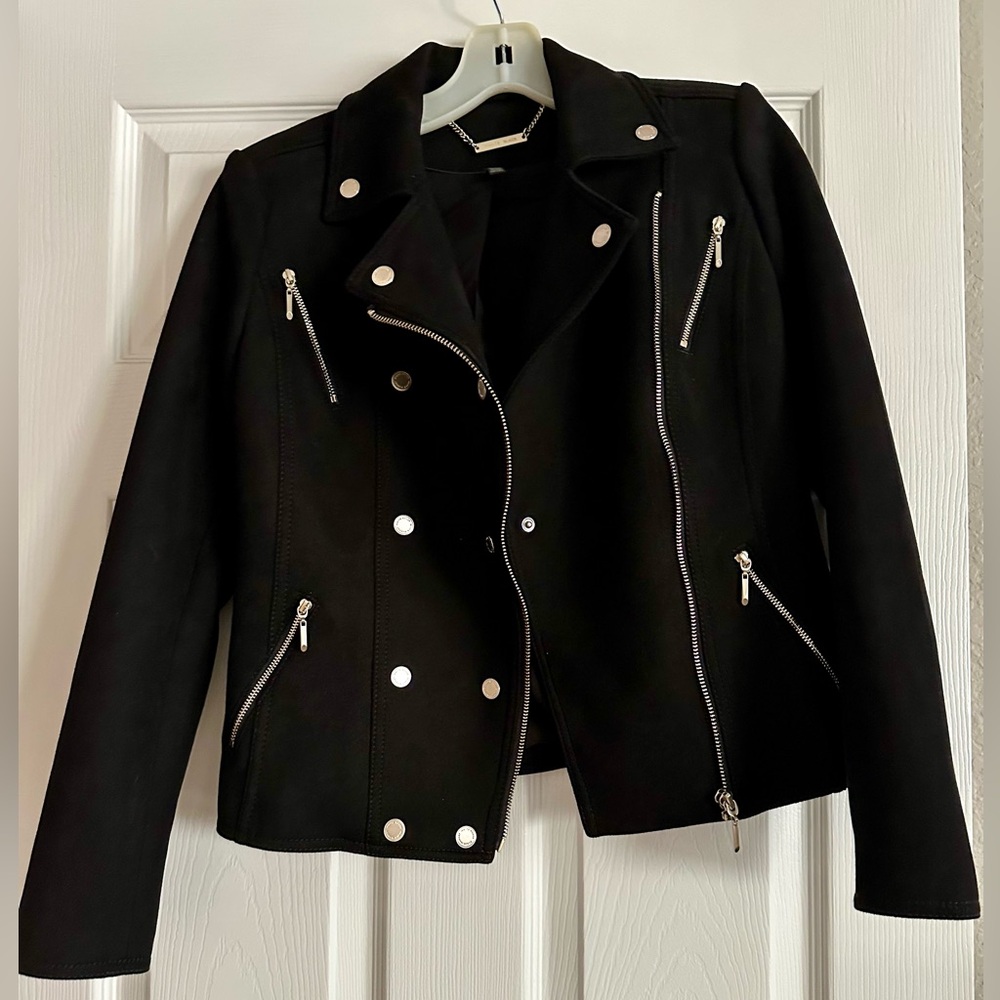 Suede White House Black Market Black Moto Jacket 00 Silver Zipper Fitted Blazer - Picture 2 of 5